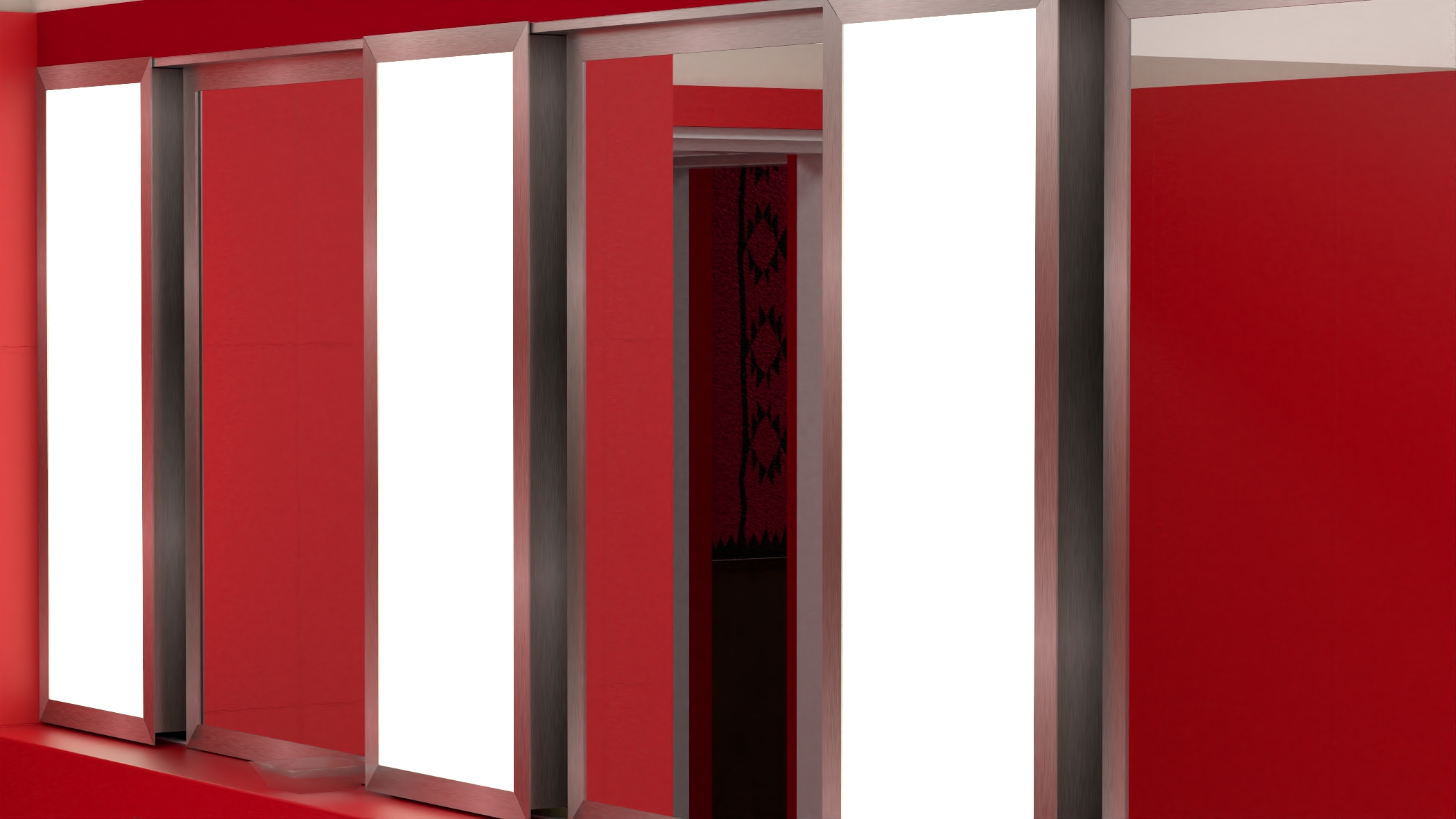 Red bathroom with the red tapestry in the mirror